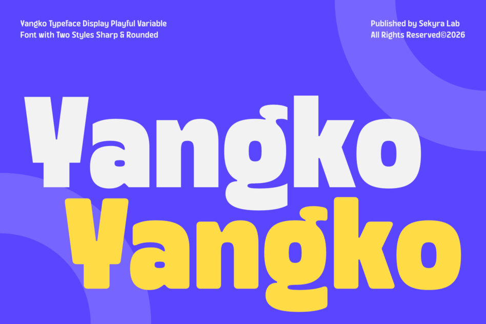 Vangko typeface showing rounded style in white over sharp yellow version on vibrant blue