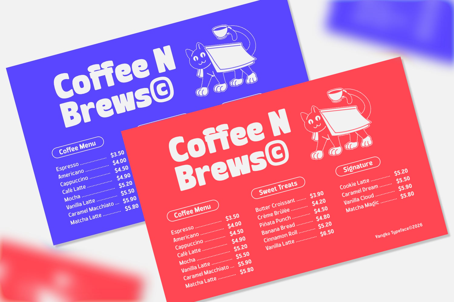 Bright coffee shop menu mockup in vibrant blue, red with cute cat character holding a menu board