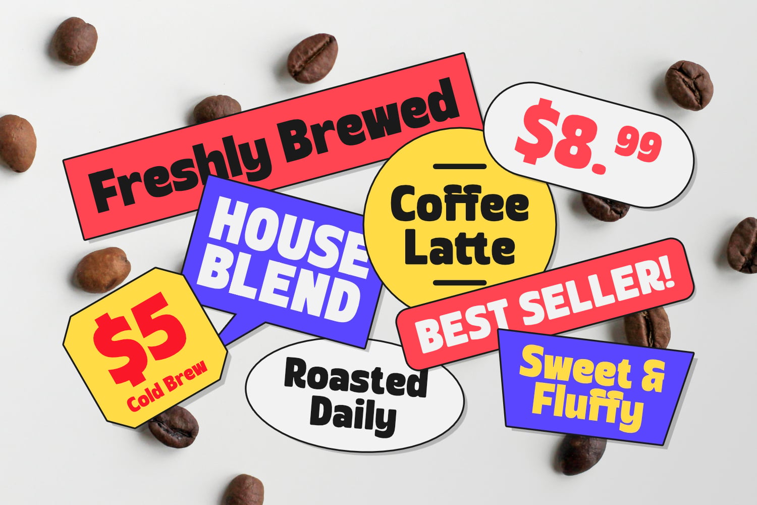 Colorful retro coffee shop labels with prices scattered around roasted beans on white background