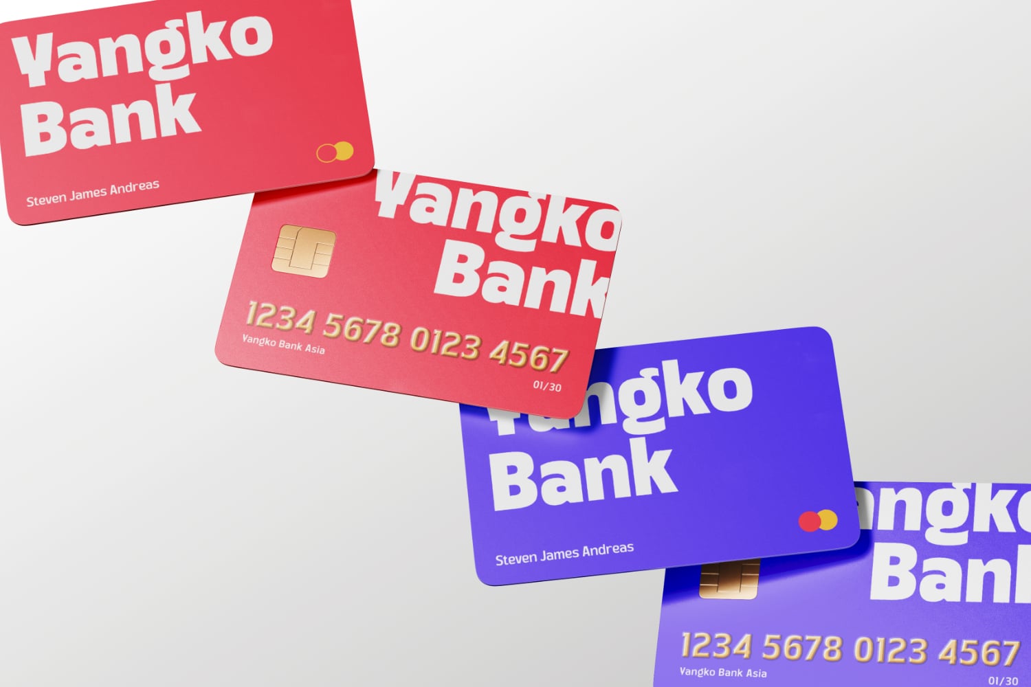 Yangko Bank credit card mockup in red, blue, purple showing front, back with chip, cardholder name, card numbers