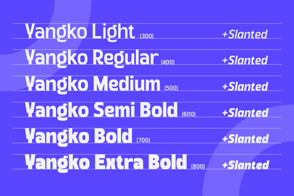 Vangko font family showing 6 weights plus slanted versions on vibrant purple