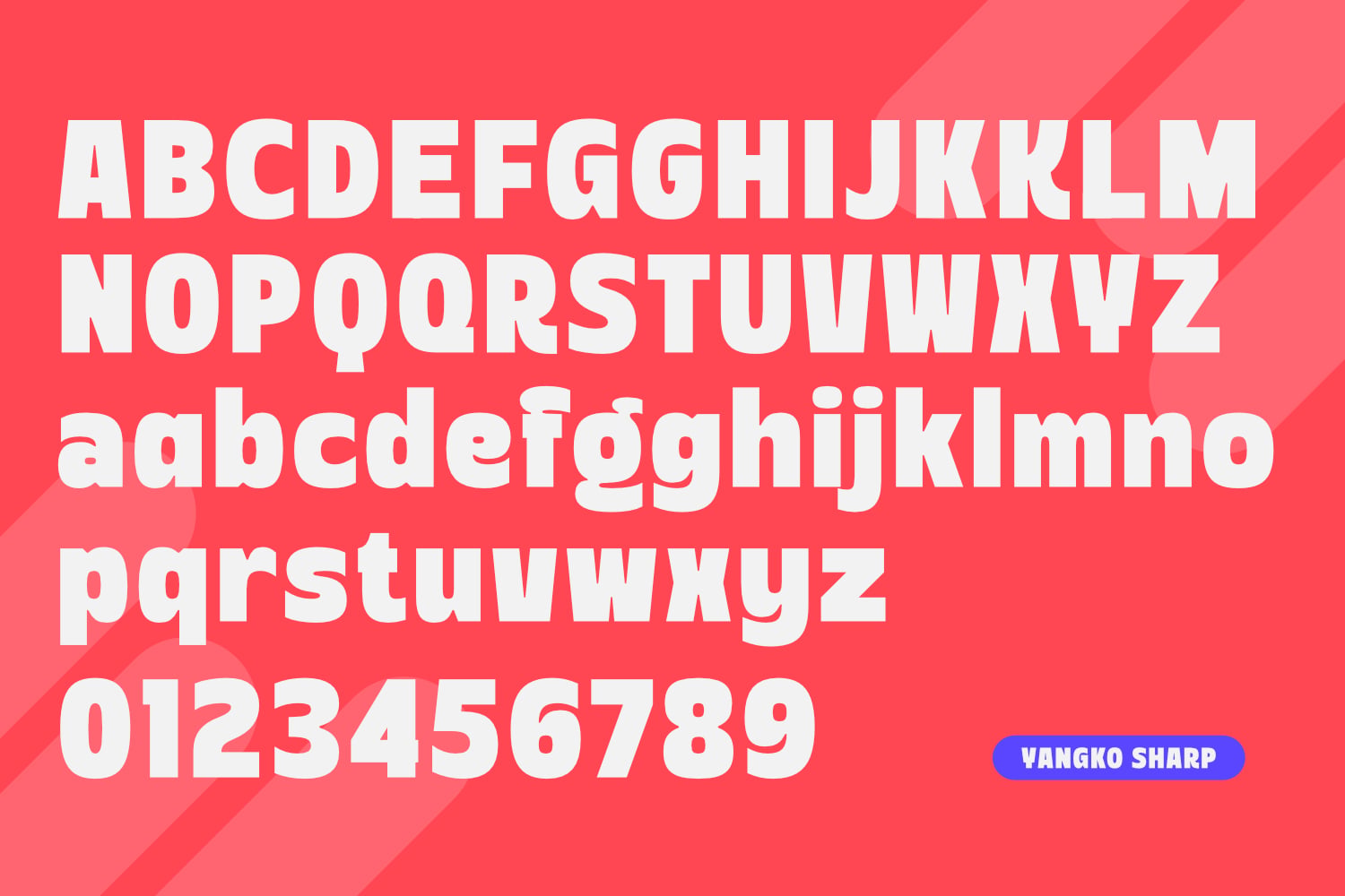 Vangko Sharp bold sans serif typeface with uppercase, lowercase, numbers on coral background