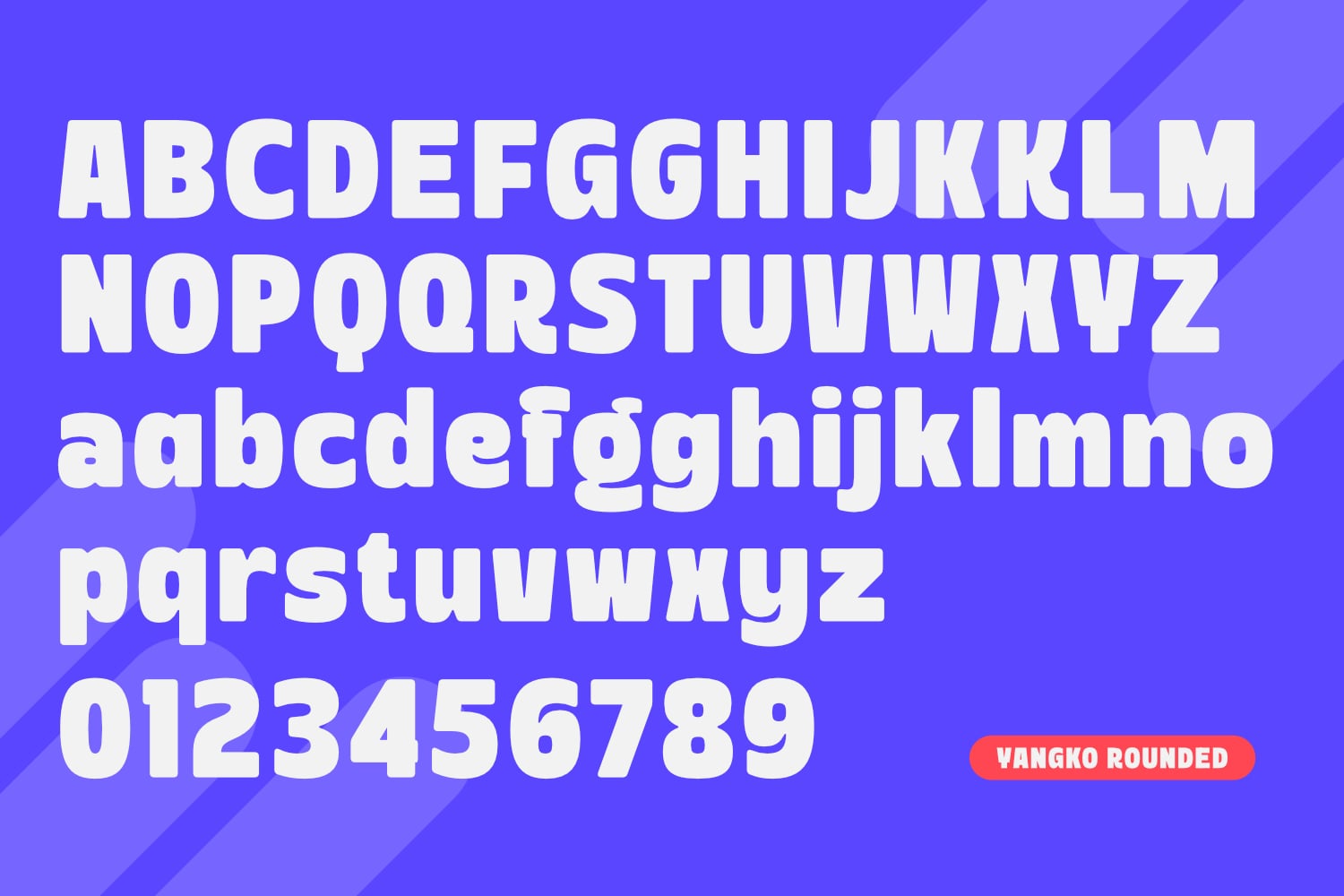 Vangko Rounded font displaying full alphabet, lowercase, numbers on vibrant blue background
