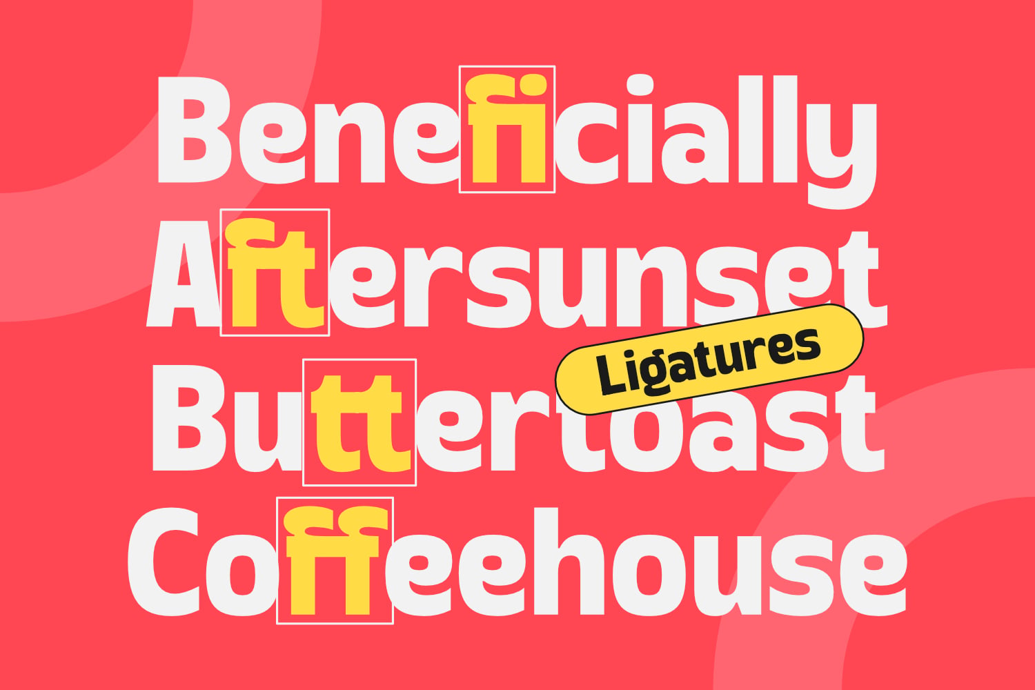 Bright red poster with overlapping white text, yellow boxed letters spelling out coffee shop names, yellow "Ligatures" label with black text