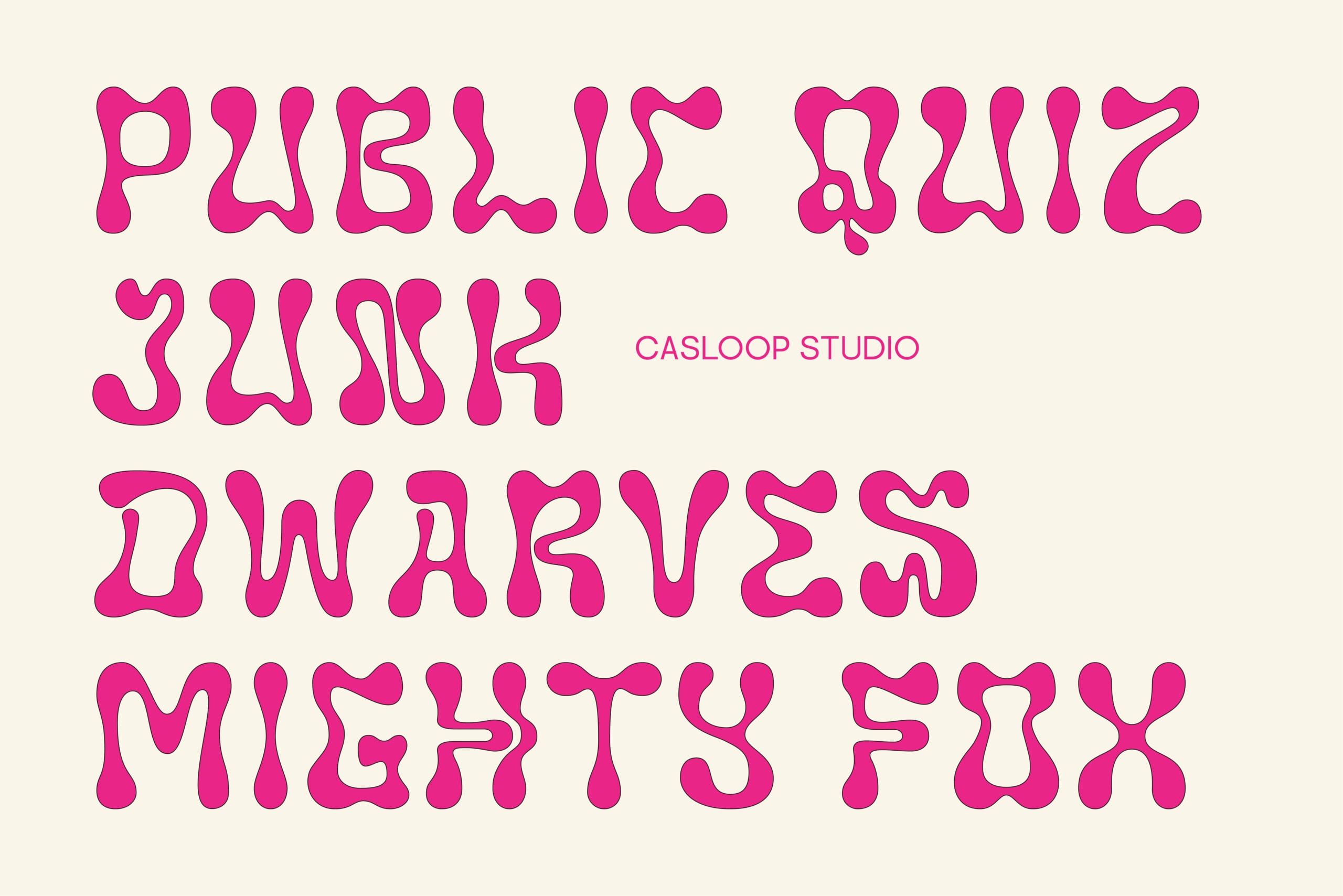 Puzzle Quirk Sans typeface in hot pink with organic wavy letterforms on cream background