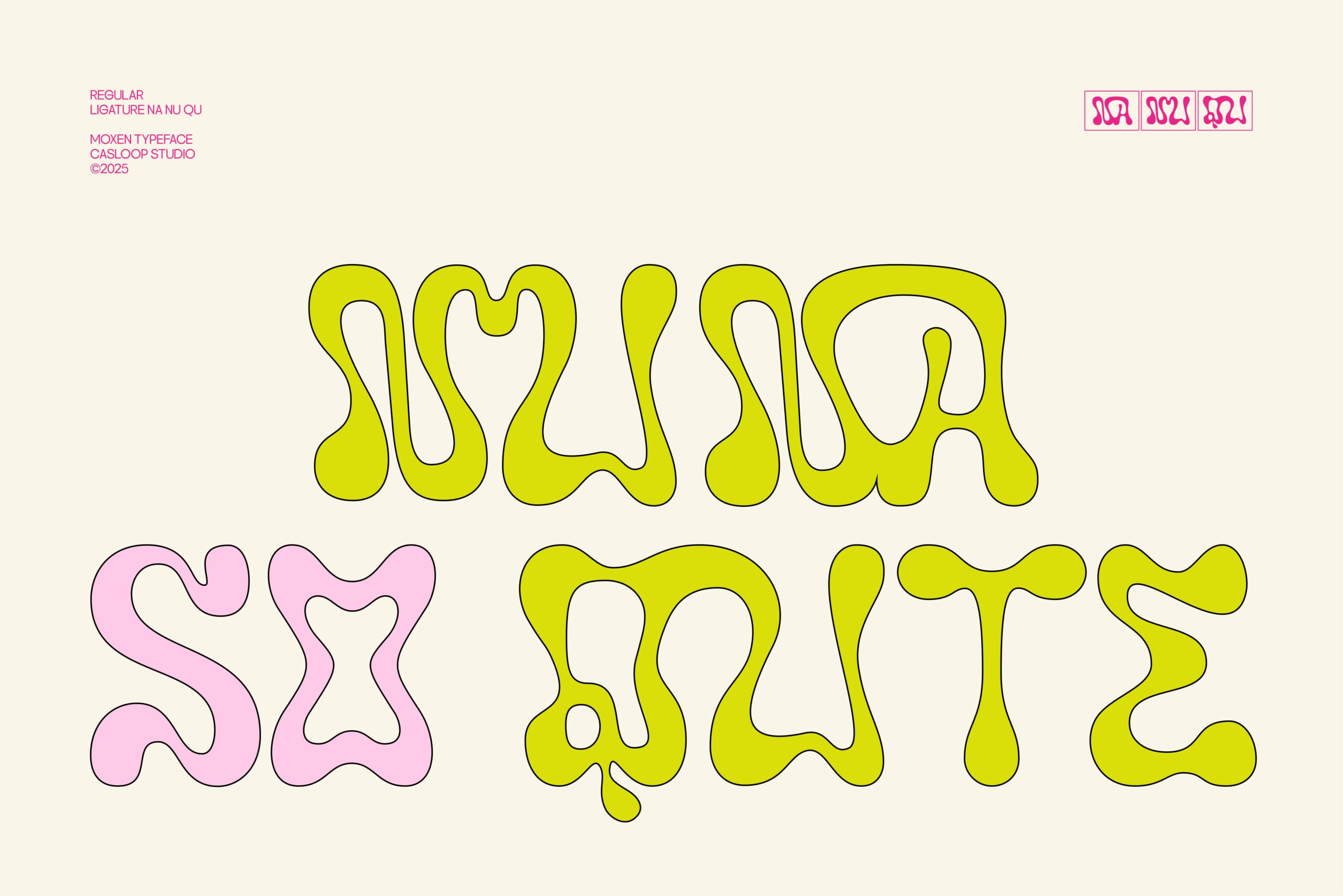 Moxen typeface sample showing wavy yellow letters spelling "squash" with pink outlined characters below