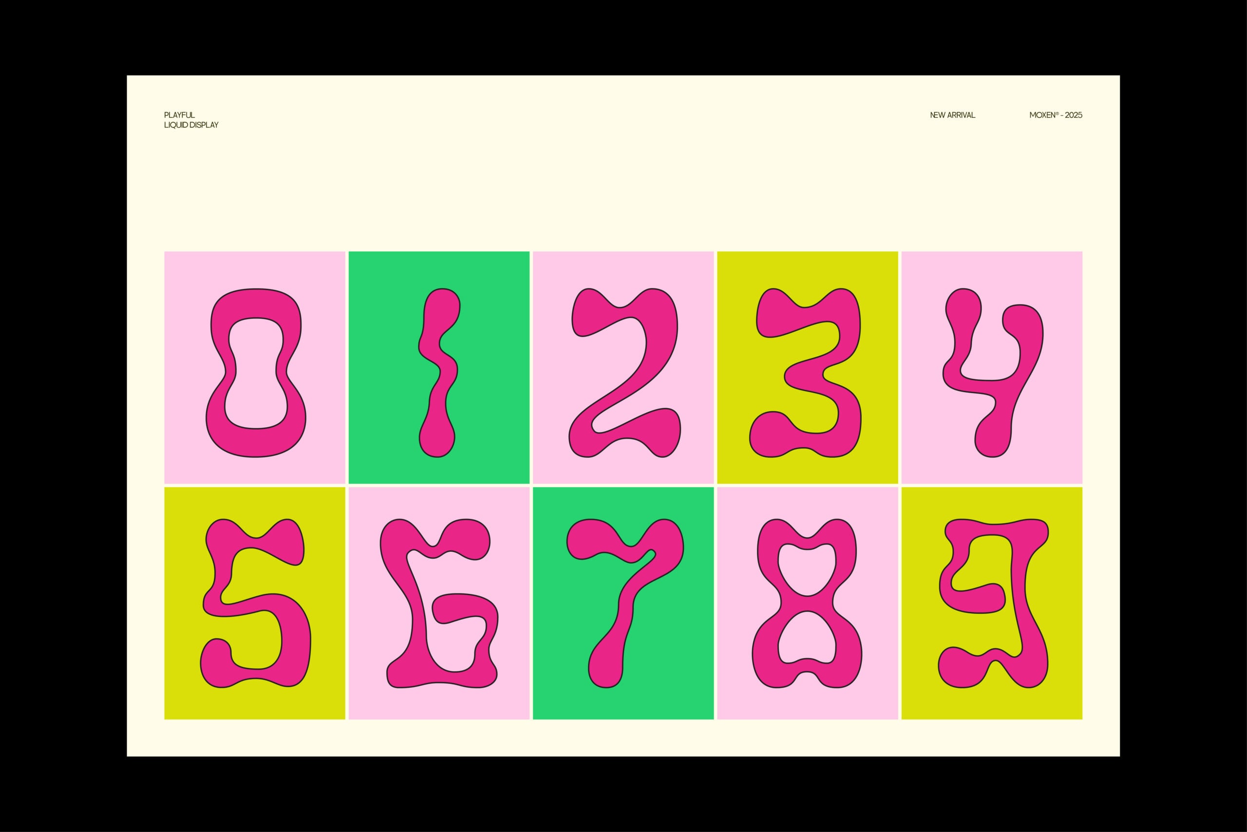 Bold liquid display numbers 1-9 in hot pink with neon yellow, green, lime backgrounds