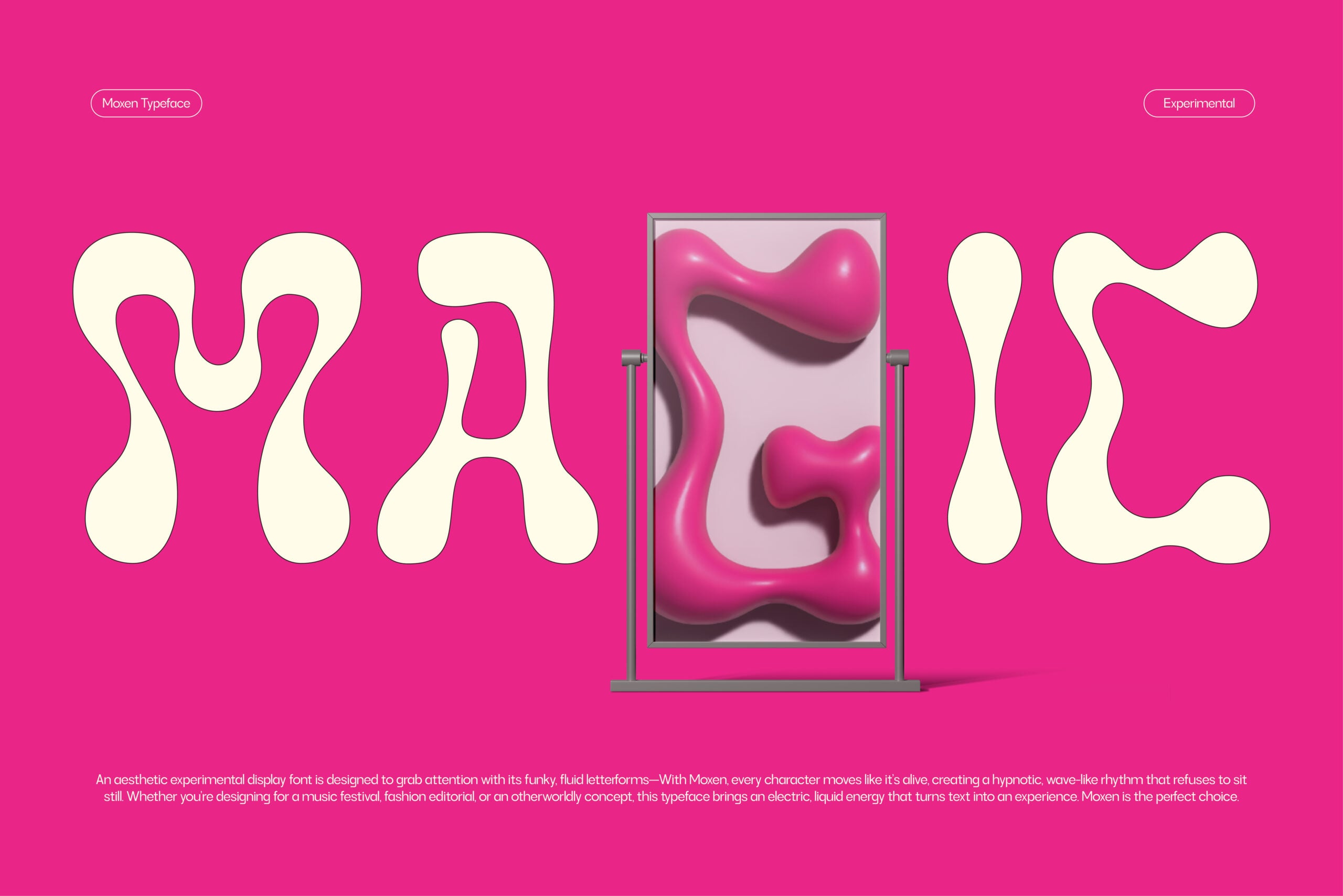 Moen Typeface with wavy cream letters on hot pink background, framed 3D mockup