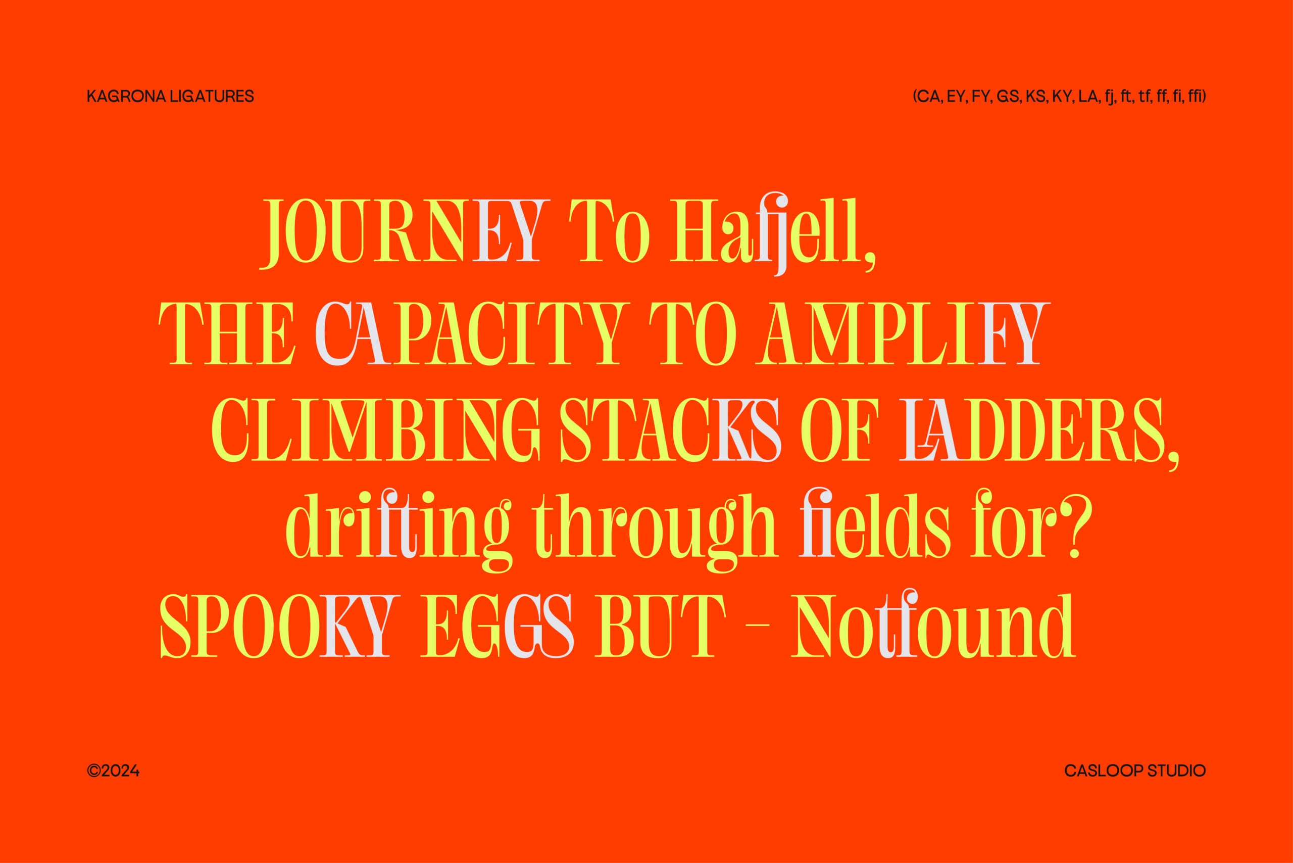 Kagrona Ligatures font sample with surreal yellow text on bright orange background