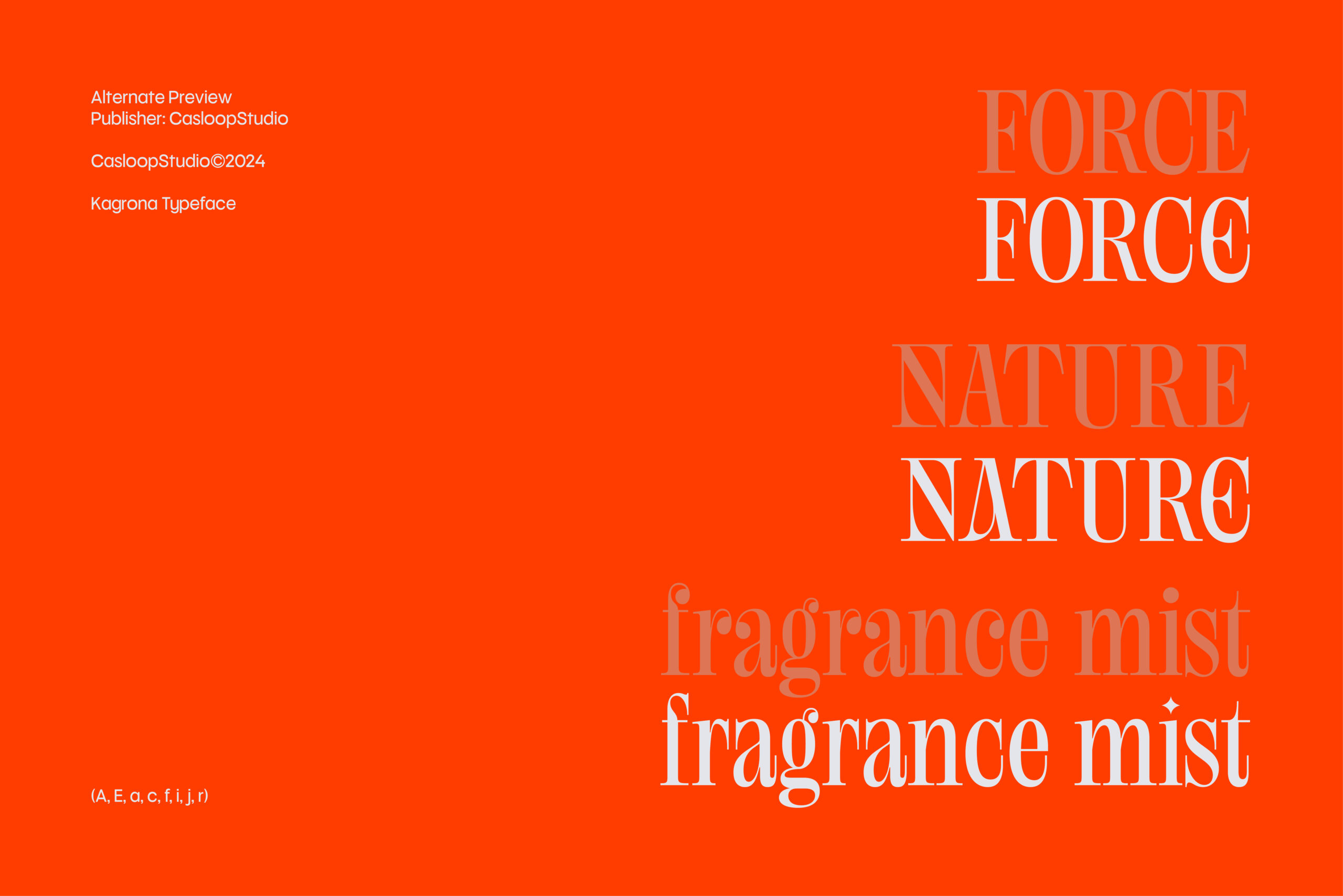 Kagrona typeface specimen showing serif letterforms stacked on bright orange background