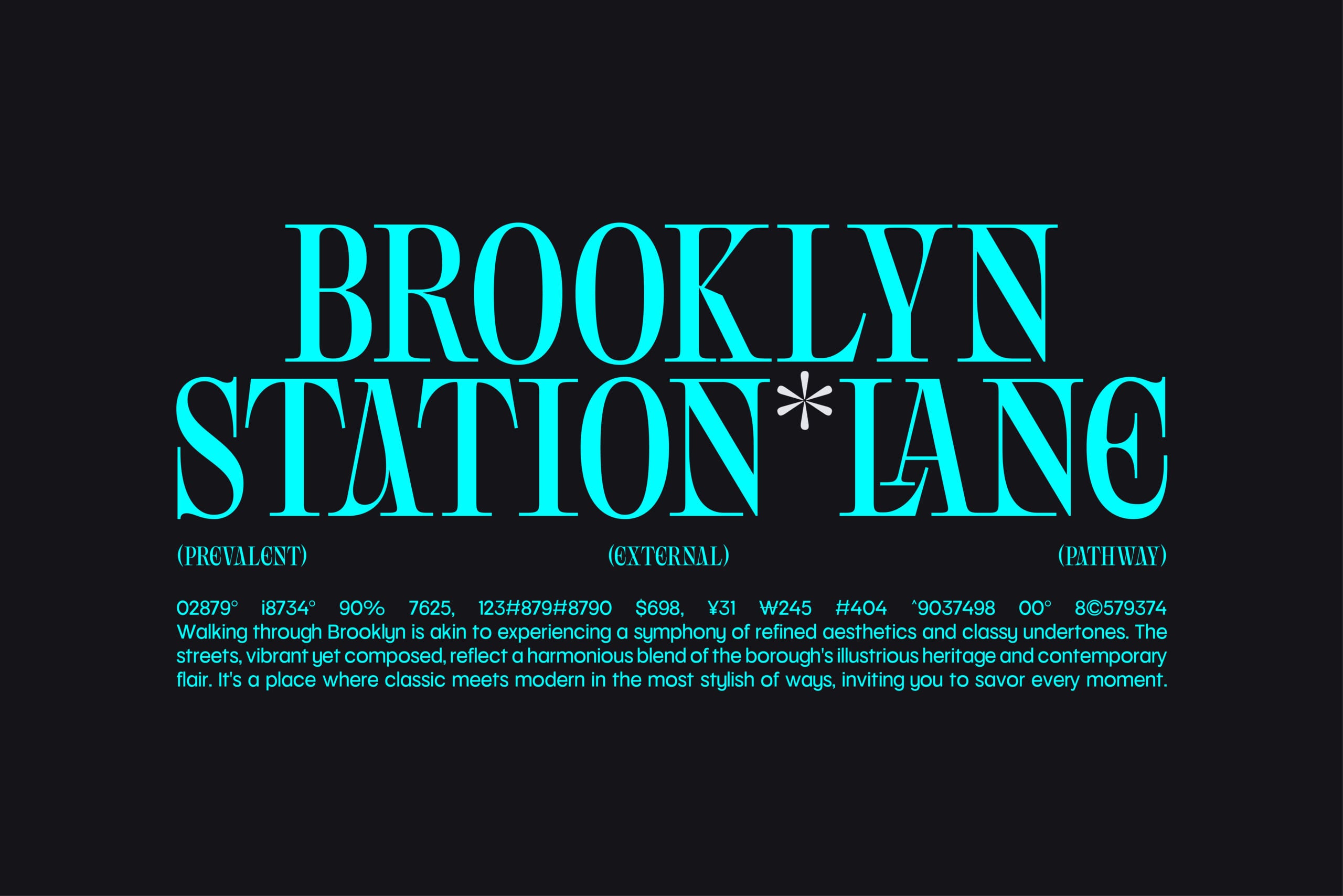 Bright cyan typography mockup showing Brooklyn Station Lane with coordinates, descriptive text on dark background