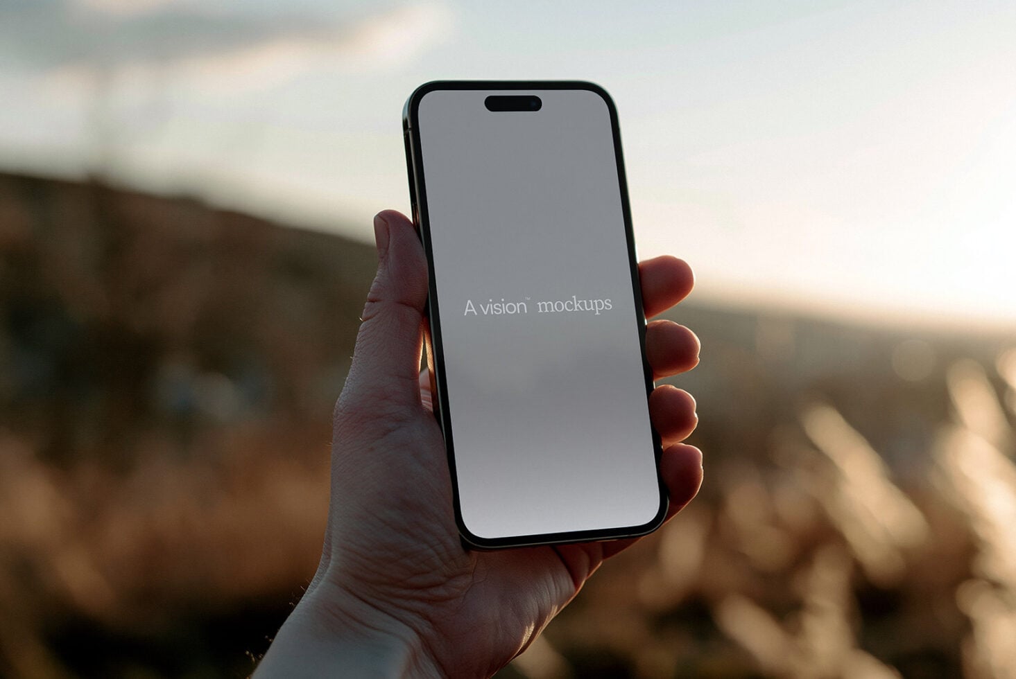Hand holding black iPhone with gray screen outdoors at sunset