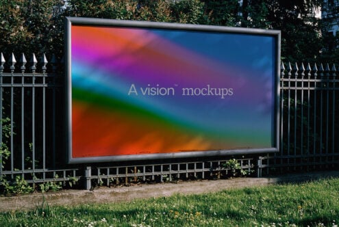 Outdoor billboard mockup with vibrant rainbow gradient displaying "A vision mockups" text