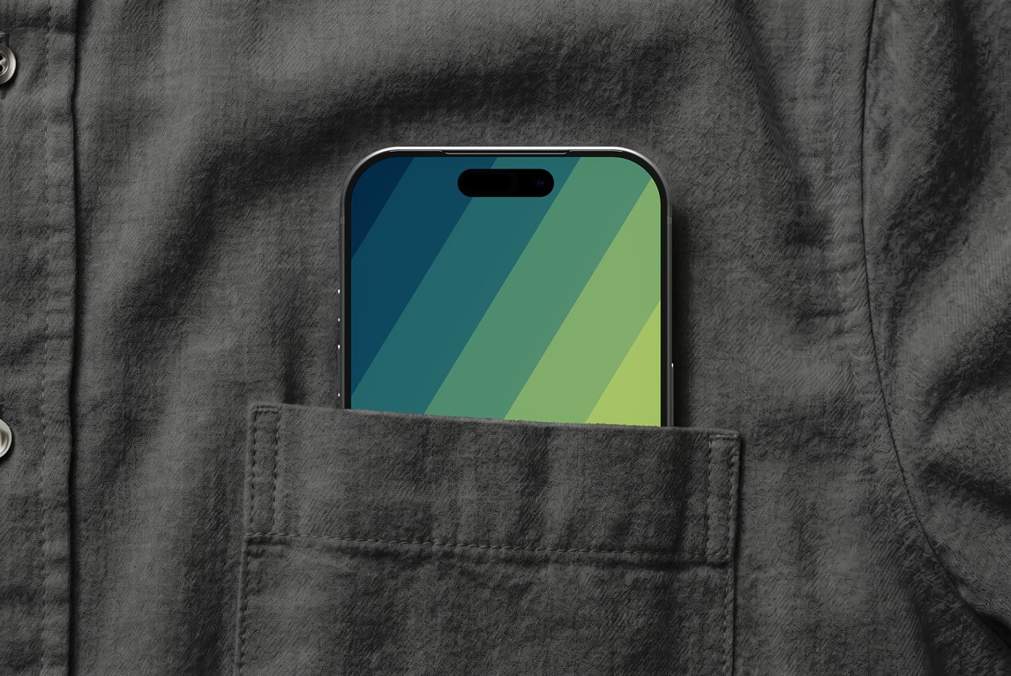 iPhone mockup in shirt pocket showing colorful gradient wallpaper display
