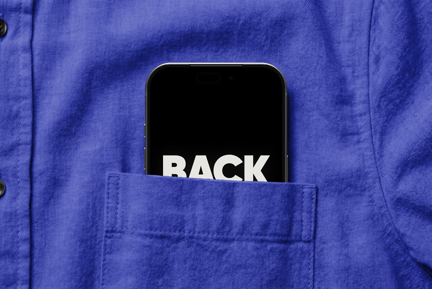 Smartphone in blue jacket pocket showing black screen with white BACK text