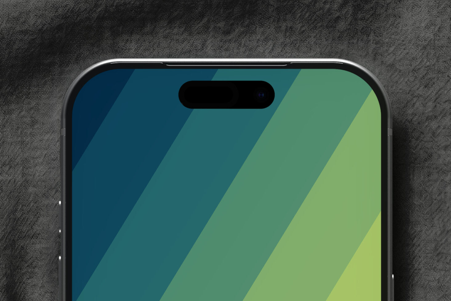 iPhone mockup with diagonal gradient from teal to lime green on fabric background