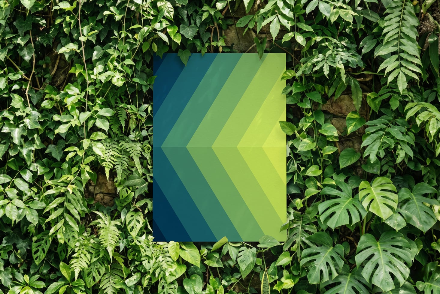 Gradient arrow chevron mockup nested in lush green foliage background