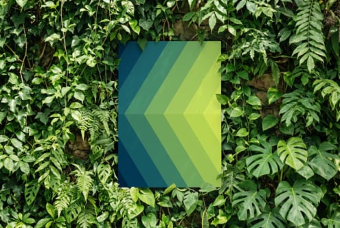 Gradient arrow chevron mockup nested in lush green foliage background