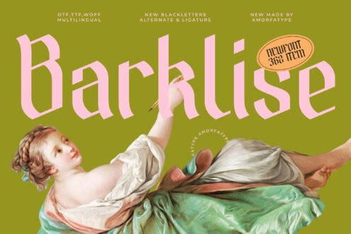 Baroliese font display with classical cherub figure on olive background