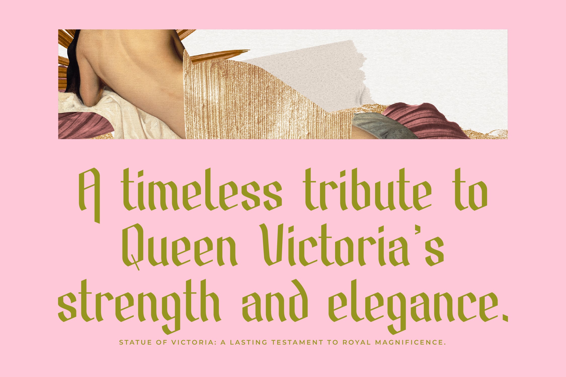 Pastel pink poster with vintage Queen Victoria imagery, gold serif text, ornate fabric textures, regal aesthetic design