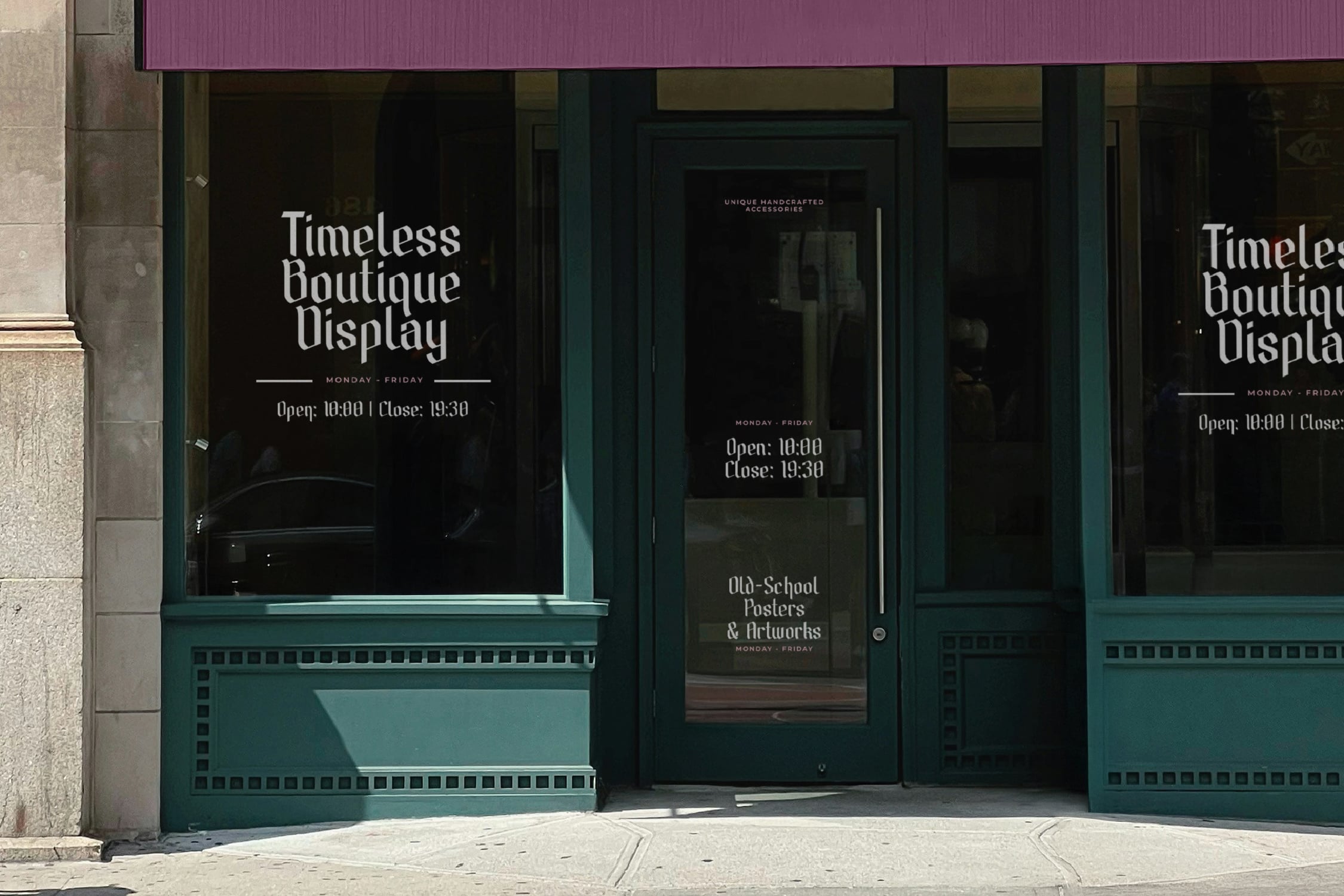 Storefront window mockup with teal frame, dark glass, white serif typography for shop hours, minimal aesthetic