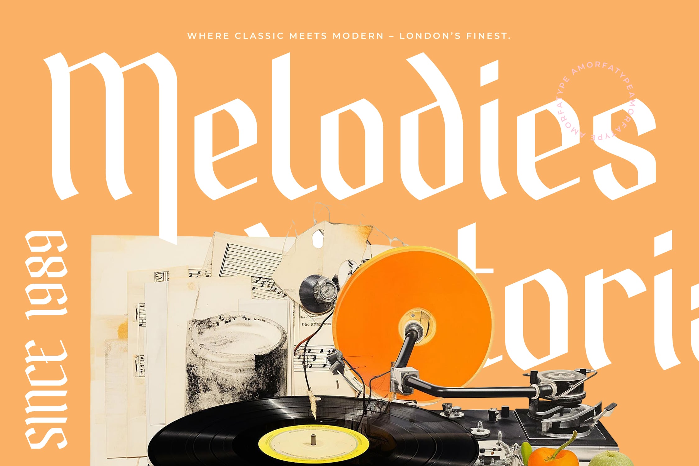 Retro record player with orange vinyl spinning over sheet music on warm peachy background