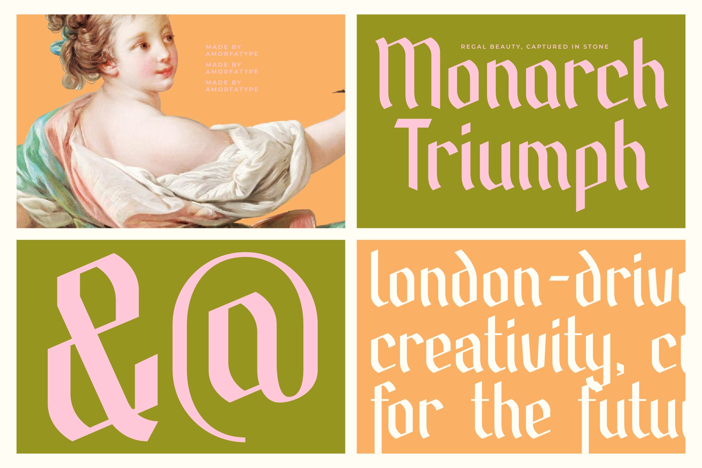Classical painting with pink serif type on olive green, plus orange backgrounds with vintage vibes