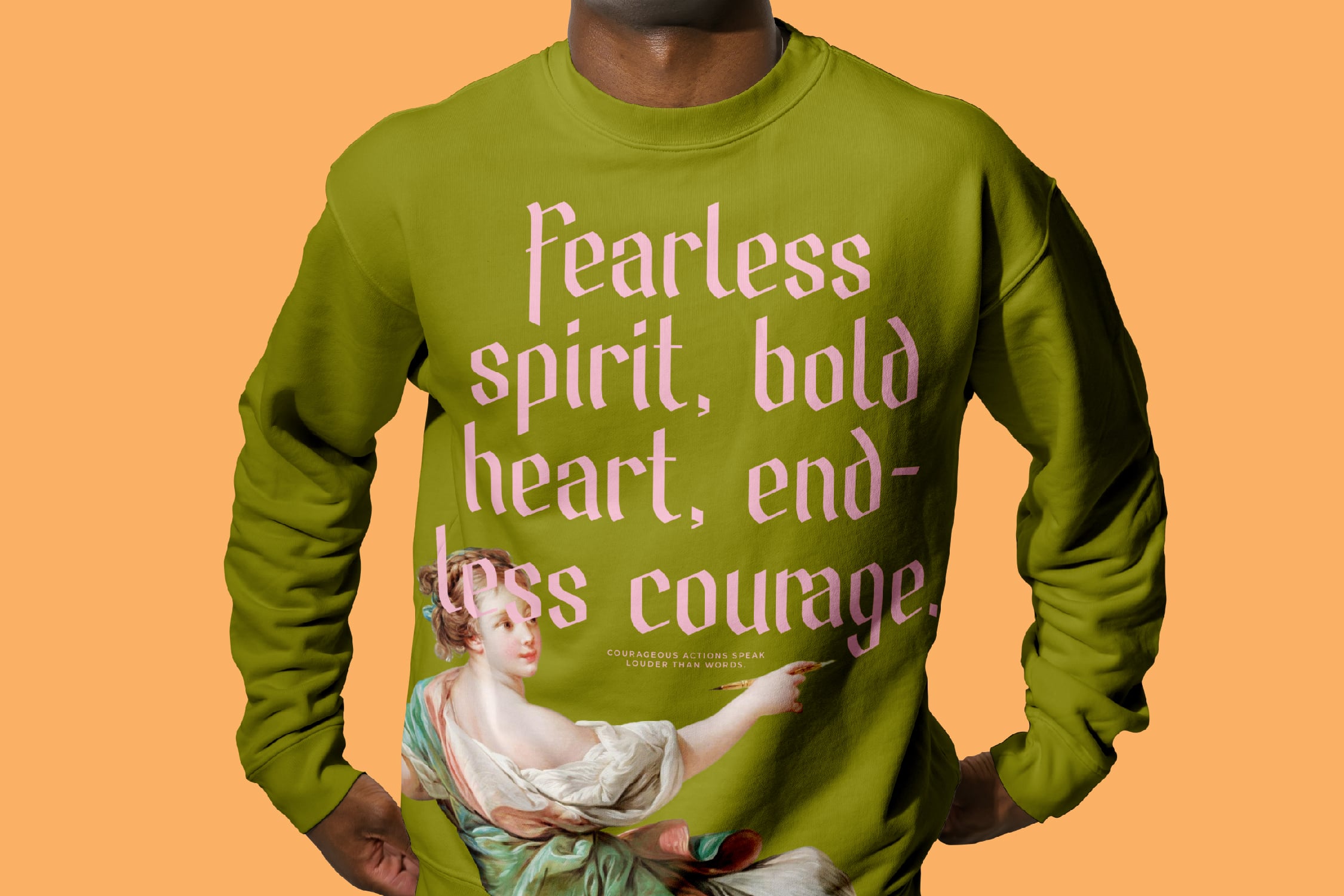 Lime green crewneck with classical cherub artwork plus bold motivational text on chest
