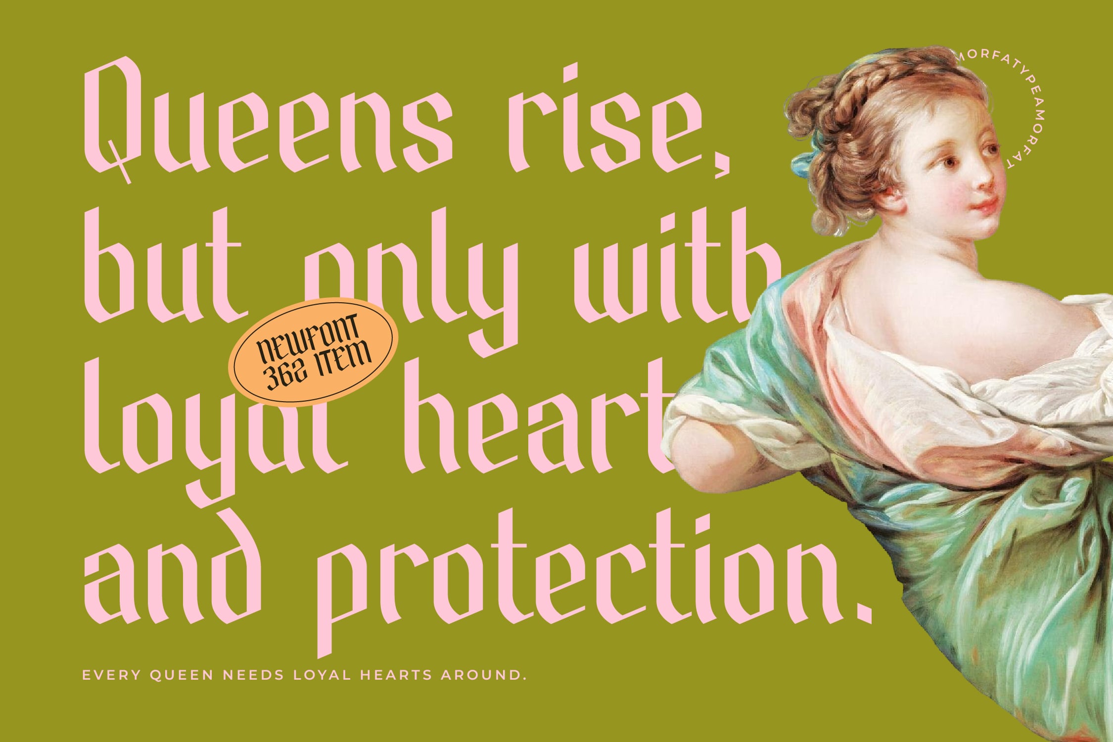Vintage cherub illustration with pink serif type on chartreuse background, classical art collage style