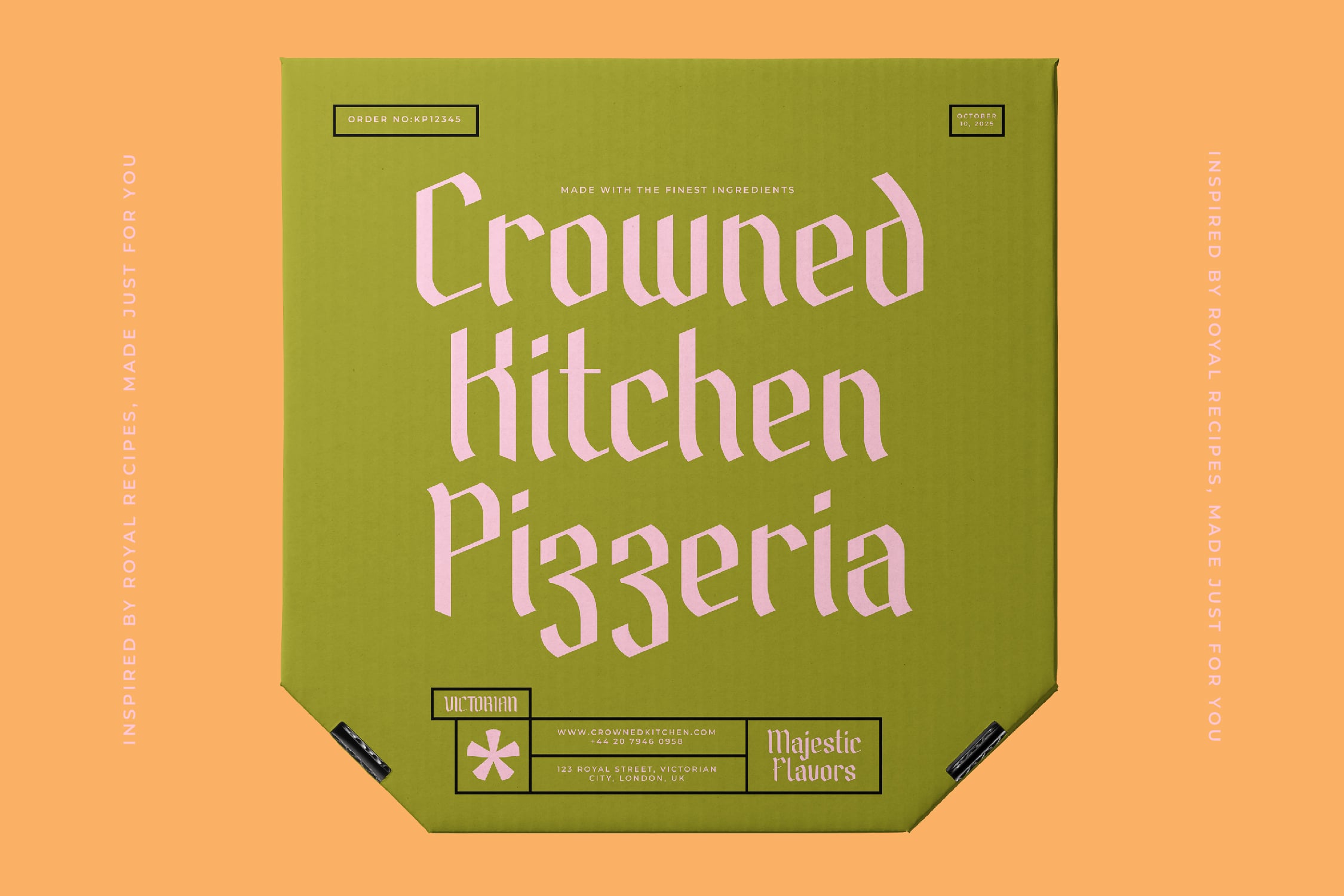 Vintage pizza box mockup in chartreuse with pink serif lettering for Crowned Kitchen Pizzeria