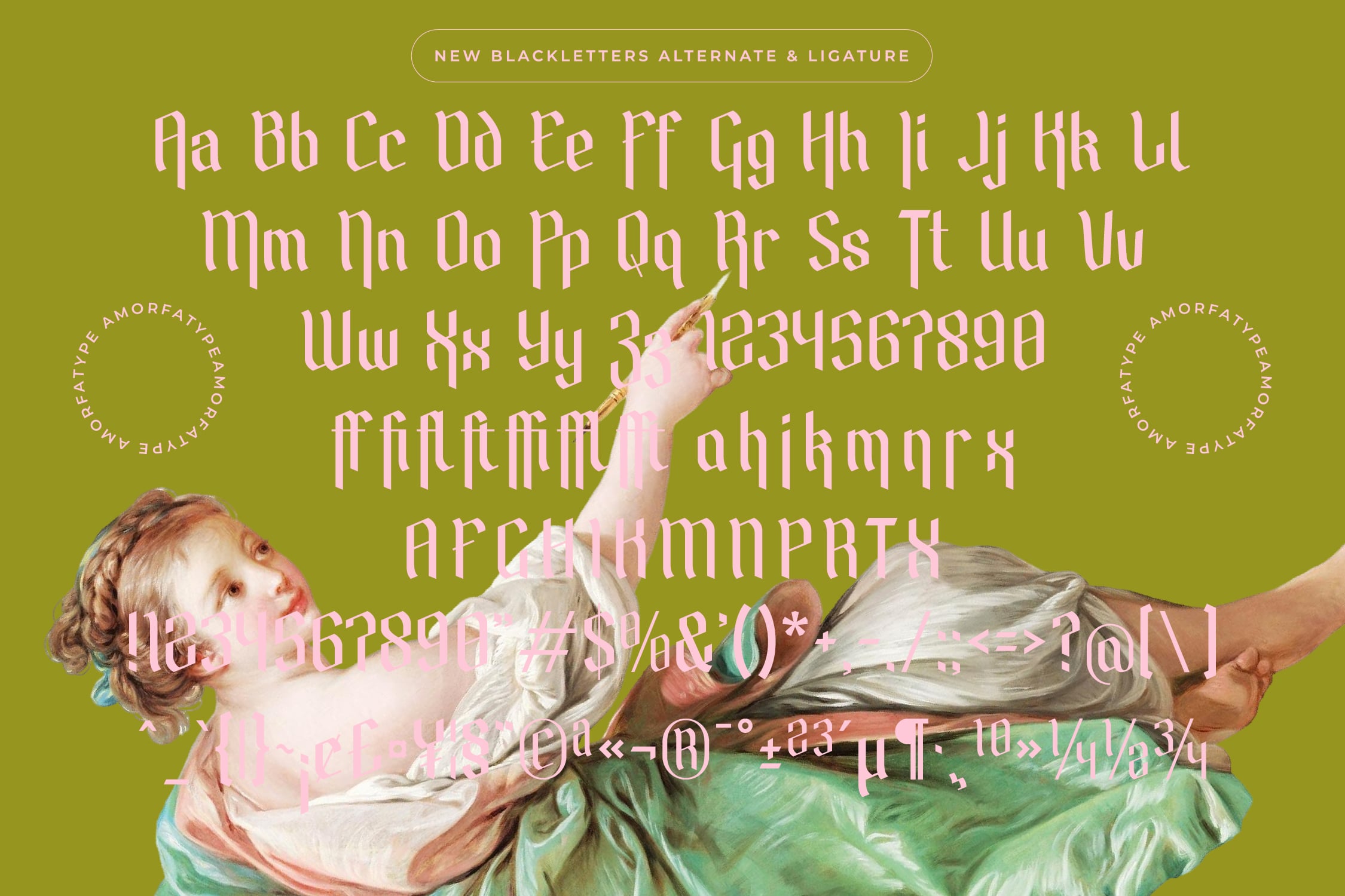 Ornate serif font with decorative blackletter alternates, ligatures, numbers, symbols displayed over classical cherub artwork on olive background