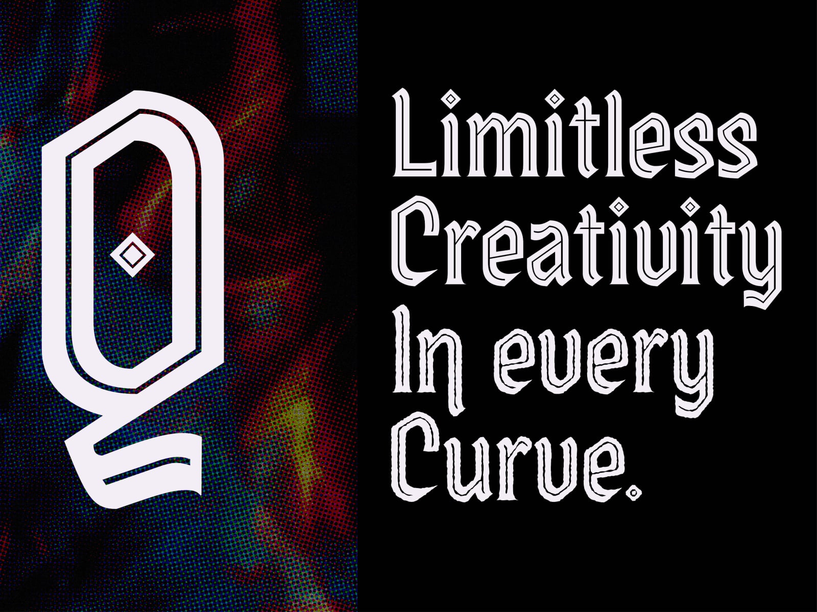 Bold outlined font with geometric logo on colorful halftone background, edgy display typeface