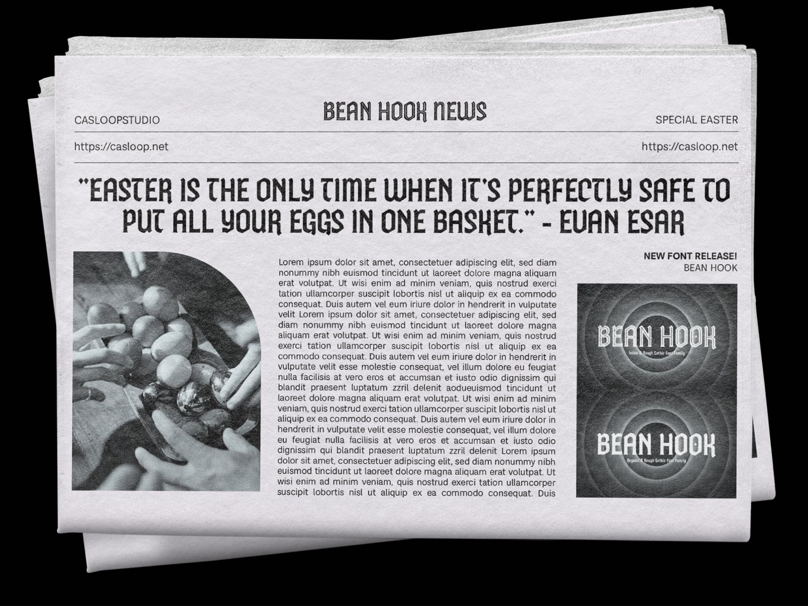 Newspaper mockup with vintage Easter article, bold Bean Hook font display, stacked pages