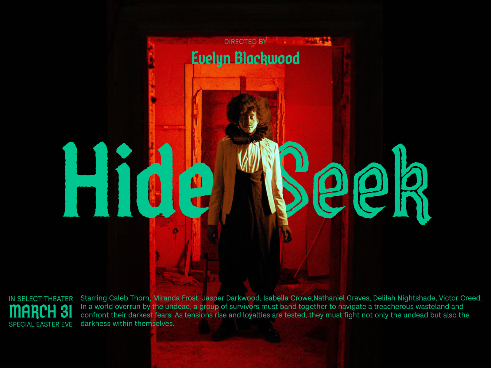 Neon cyan type overlaid on horror movie poster with red-soaked doorway scene