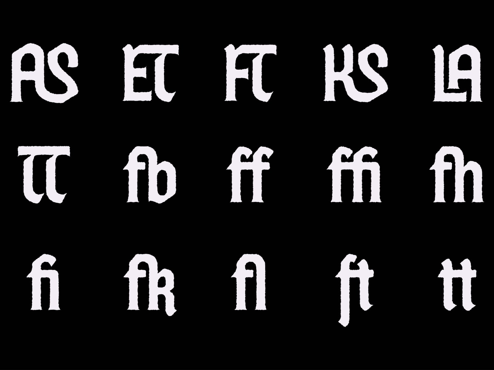 Vintage serif font showing ligatures, alternates, stylistic swaps on black background