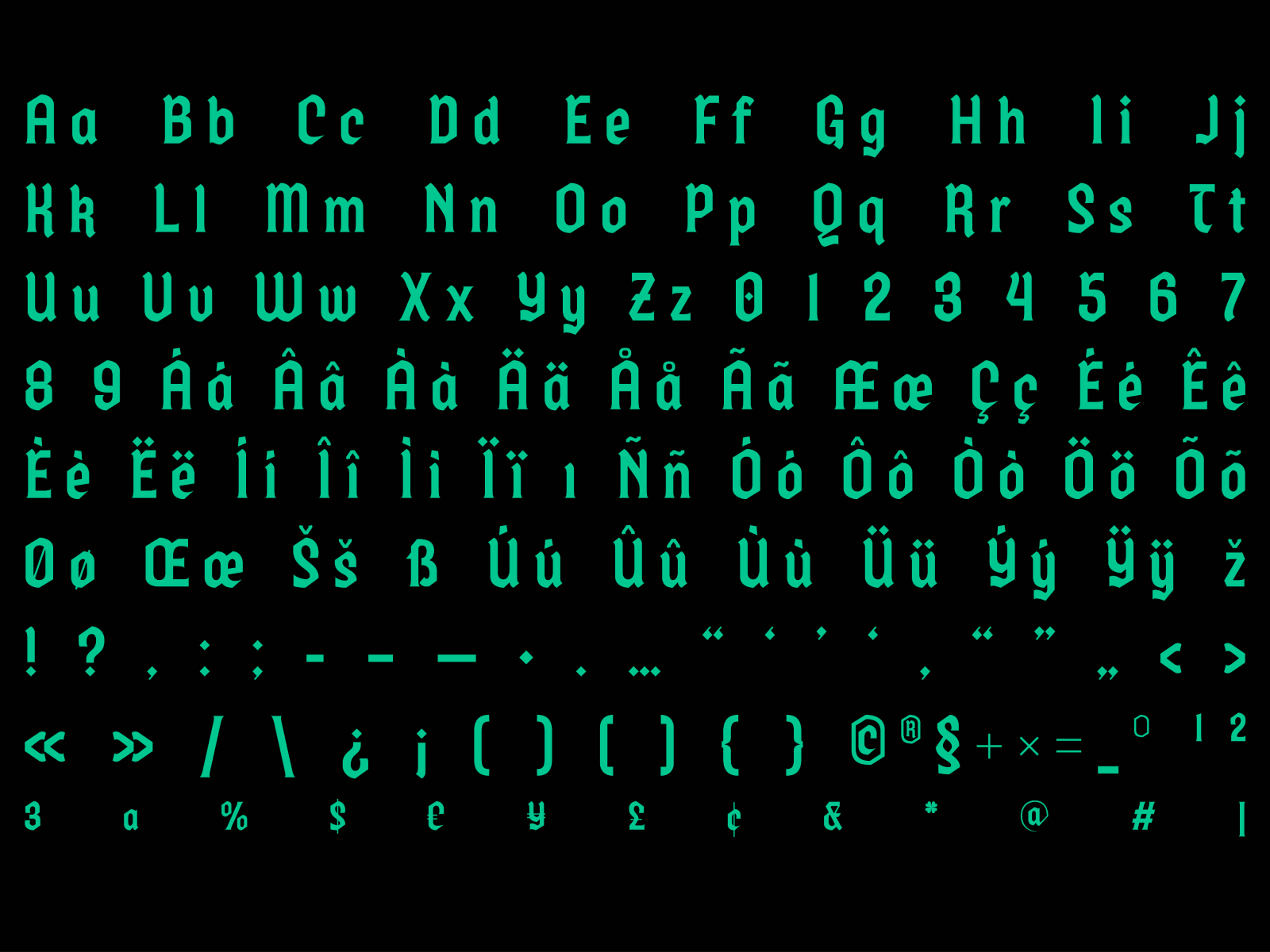 Bright neon cyan typeface displaying full character set with letters, numbers, punctuation on black background