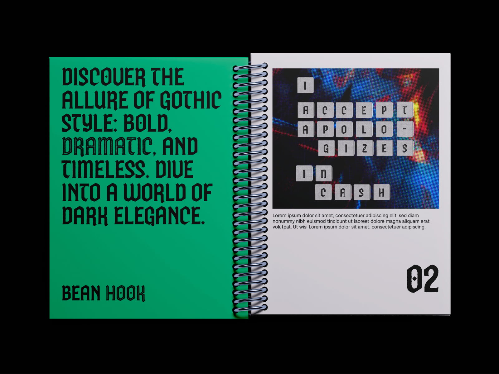 Spiral notebook spread with bold gothic typography on turquoise left page, right page showing scrabble tile design mockup over colorful abstract background