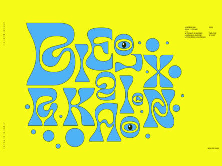Beaux typeface poster with bright yellow background, blue geometric letterforms with curved cutouts, playful eye symbols