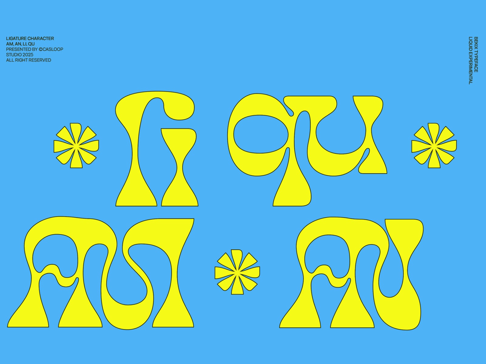 Bright yellow ligature characters with organic curves on vibrant blue background, 2025 design