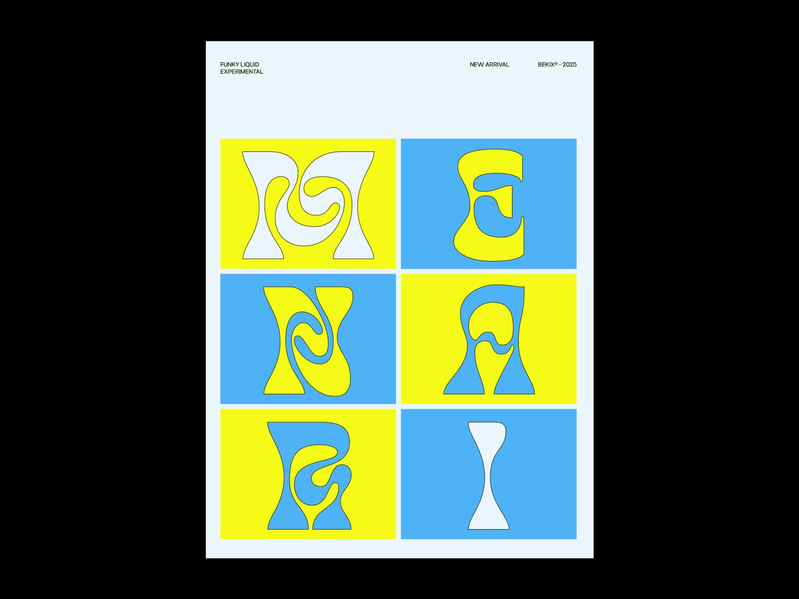 Funky liquid experimental font mockup with bold neon yellow, blue, white color blocks