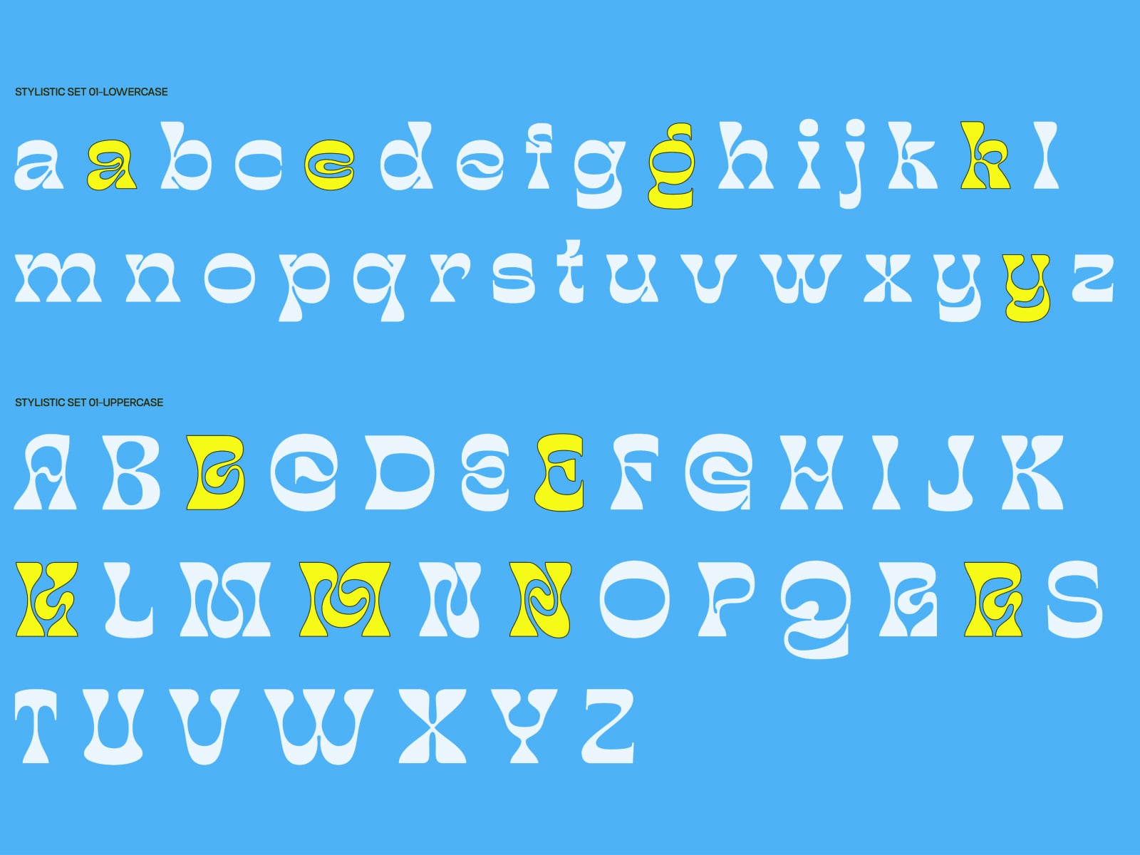 Stylistic 01 font with lowercase plus uppercase letters in white with neon yellow accents on bright blue background