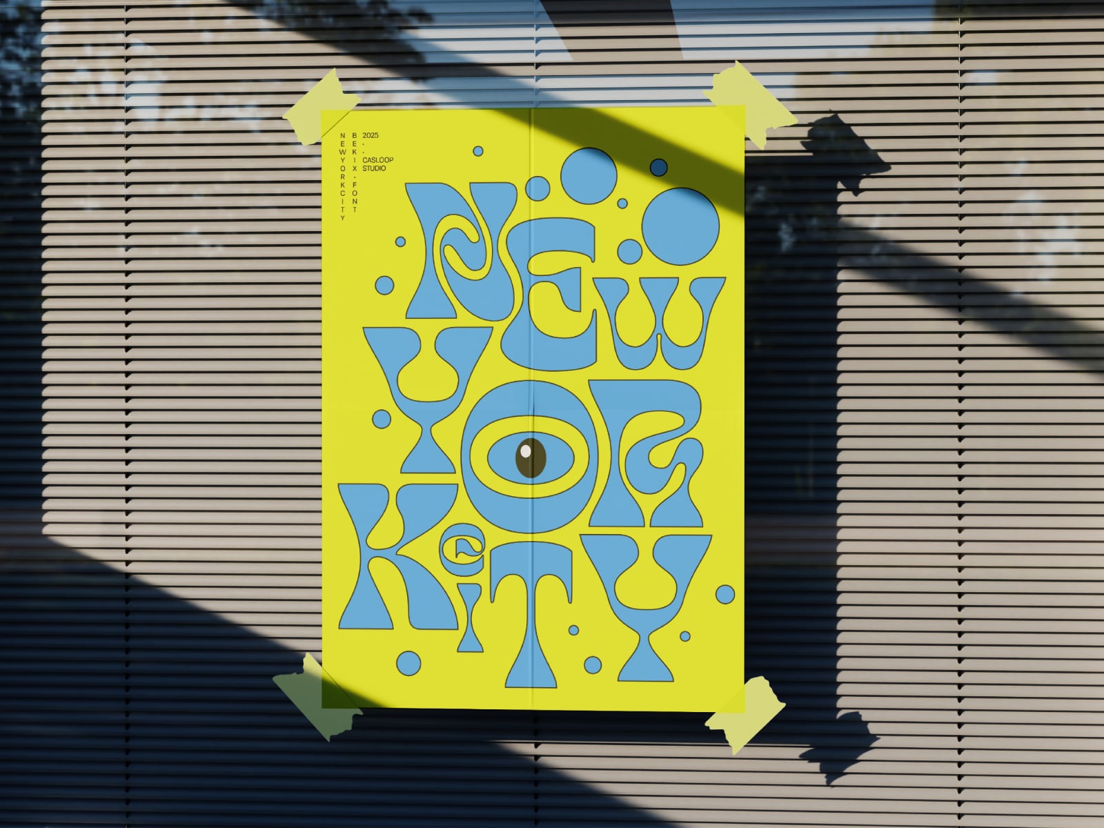 Bright yellow poster with blue abstract shapes, eye motif, taped to striped wall with shadow overlay