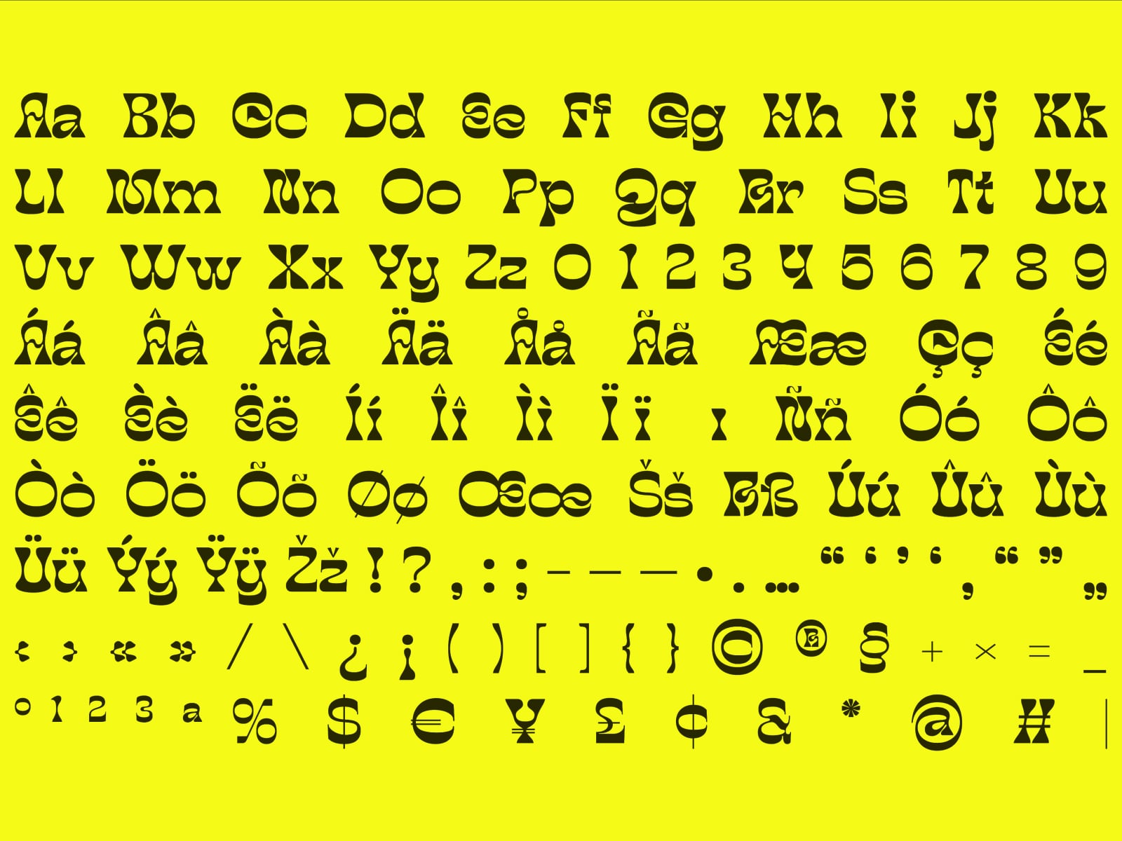 Bold geometric font with full character set on neon yellow background