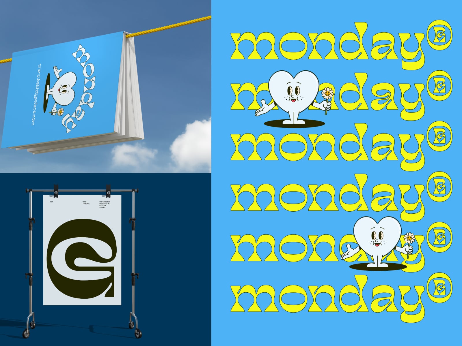 Bright blue mockup pack showing billboards, banners, happy tooth character with yellow Monday type repeating pattern throughout