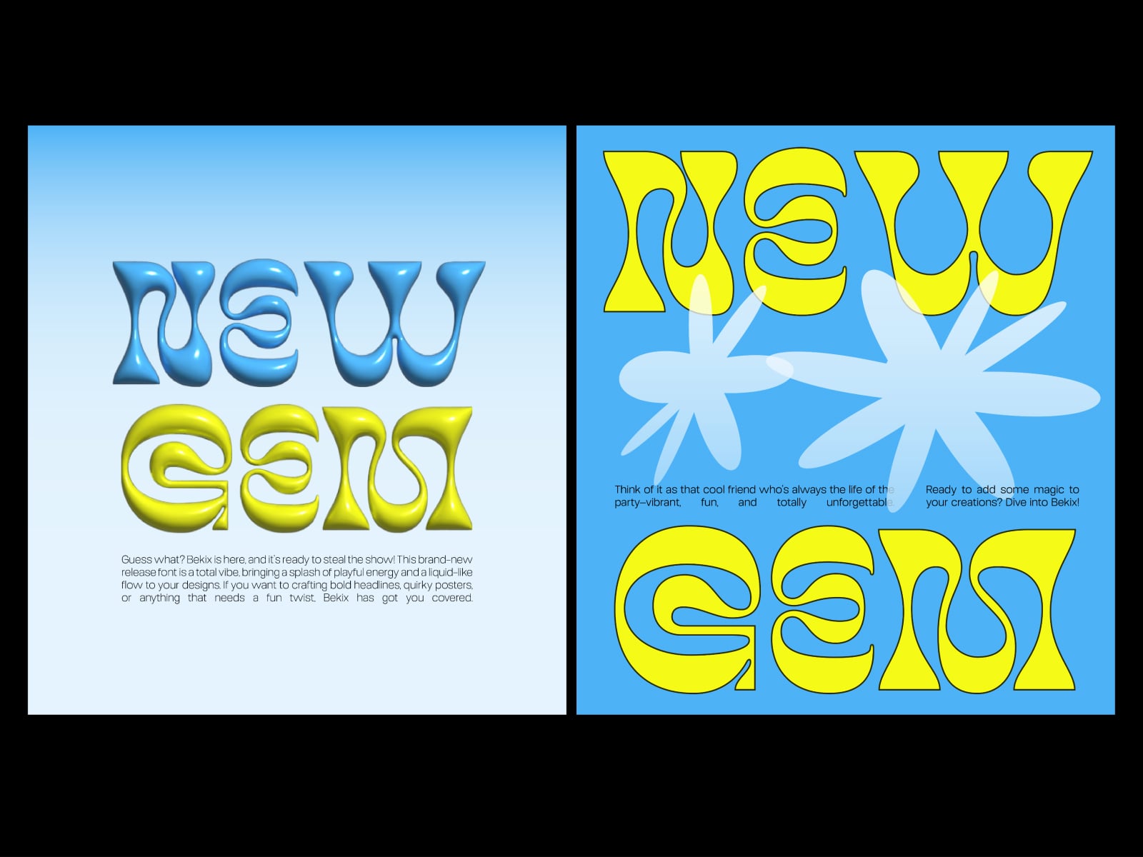 Bekix font displayed in blue, yellow, plus playful variations with daisy graphics on bright backgrounds