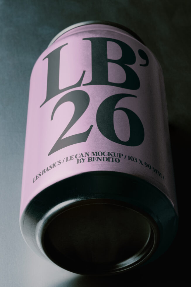 Bent 103x90mm beverage can mockup with pink label showing large serif numbers in dark green