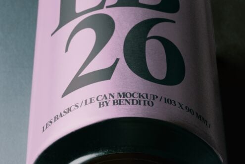 Closeup of curved pink can with bold dark numbers, text reads Les Basics Le Can Mockup by Bendito