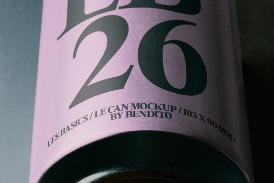 Closeup of curved pink can with bold dark numbers, text reads Les Basics Le Can Mockup by Bendito