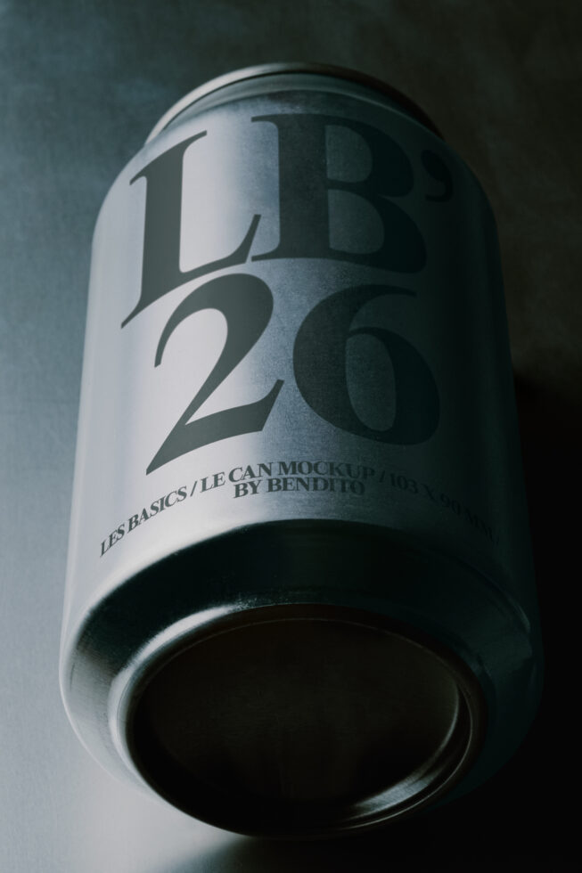 Sleek beverage can mockup with bold typography against moody blue background