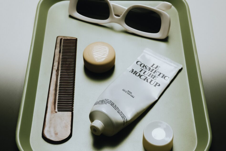 Flat lay of beauty products on sage green tray with sunglasses, wooden comb, cream jar, cosmetic tube mockup